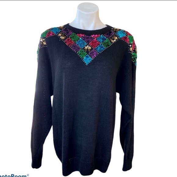BONNIE EVANS Vintage 80’s Black Sequin Sweater Size M - Picture 2 of 8